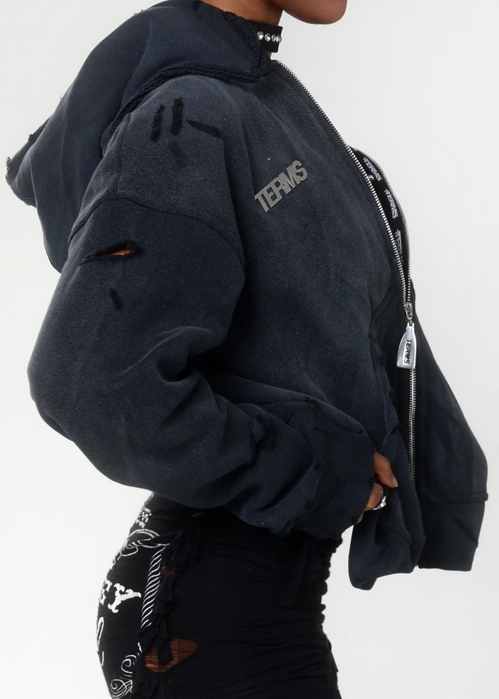 Asymmetrical Jewels Zip Up Sweatshirt - Midnight