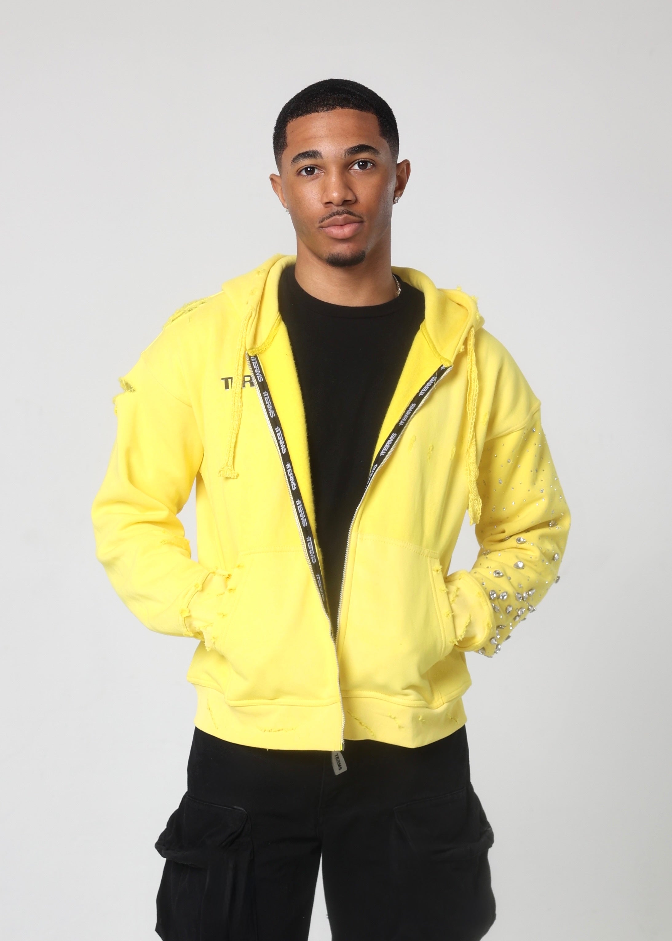 Asymmetrical Jewels Zip Up Sweatshirt - Saffron – Terms