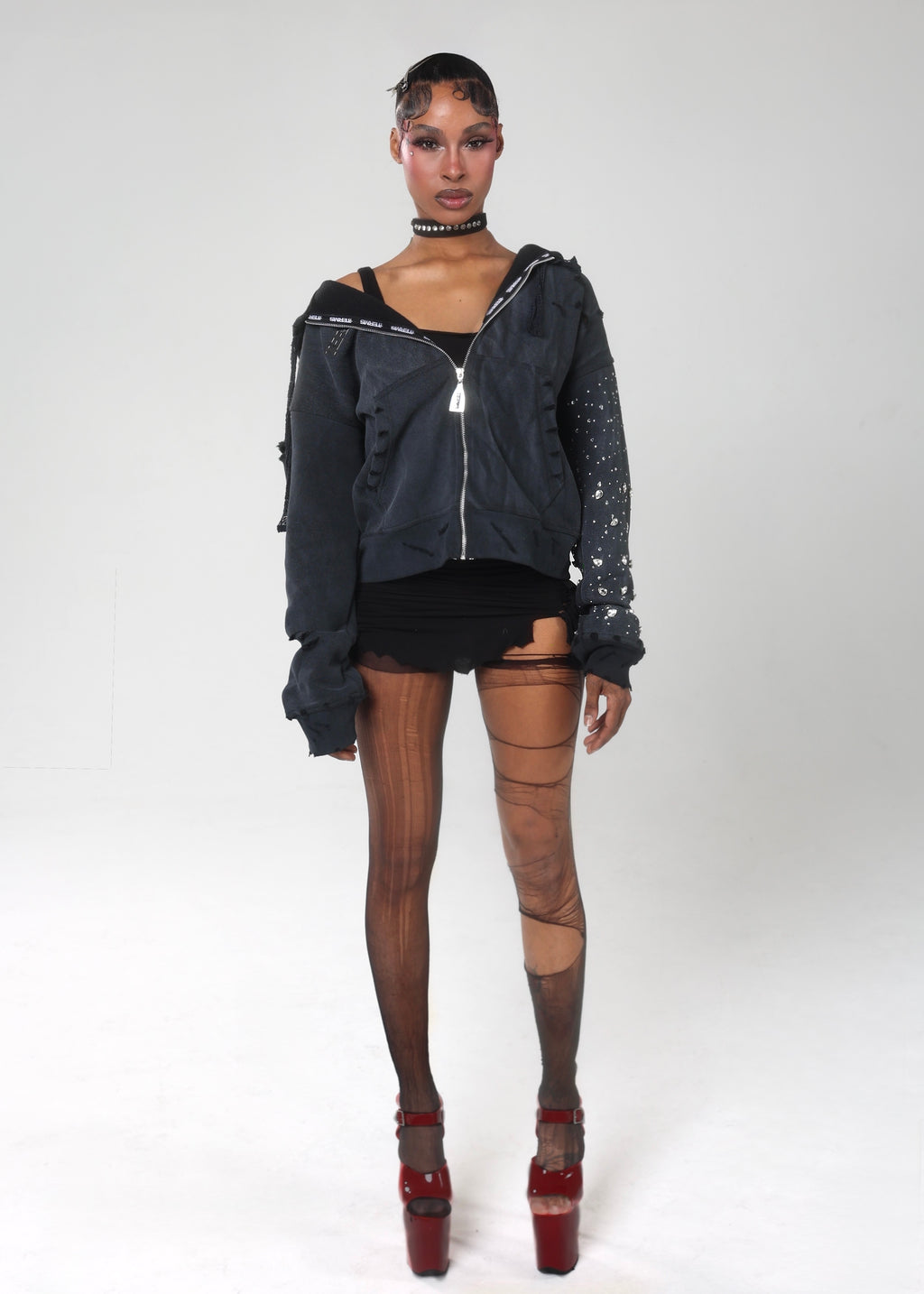 Asymmetrical Jewels Zip Up Sweatshirt - Midnight